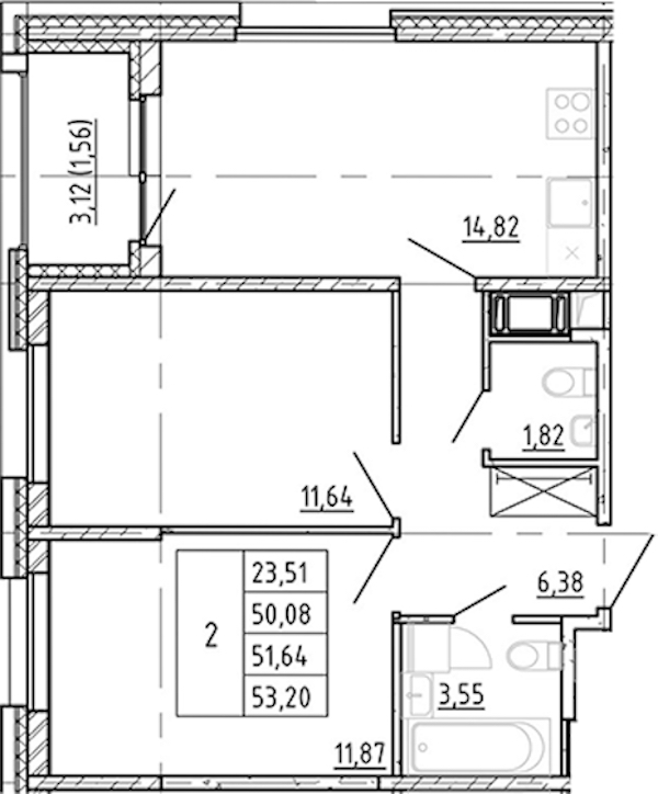 2-комнатная квартира 50.08 м², 3/12 эт., ЖК «Полис Новоселье»